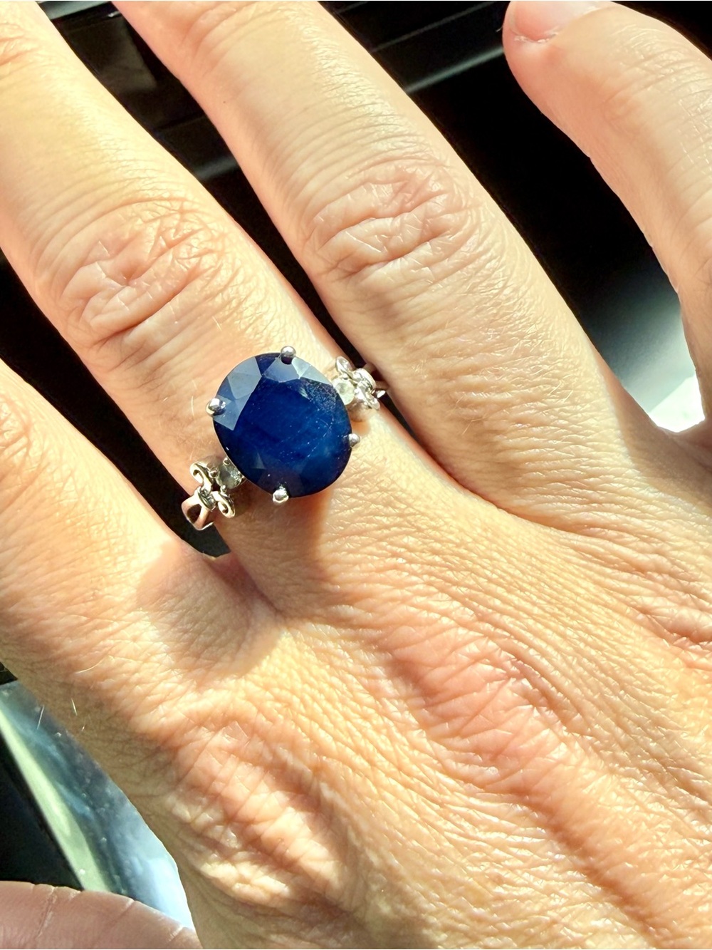 Large Natural Sapphire And White Topaz Sterling Silver Ring Size 9